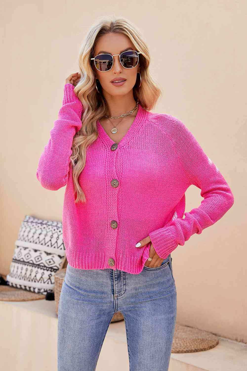 Button Up V-Neck Long Sleeve Cardigan - Trendsi - Flyclothing LLC