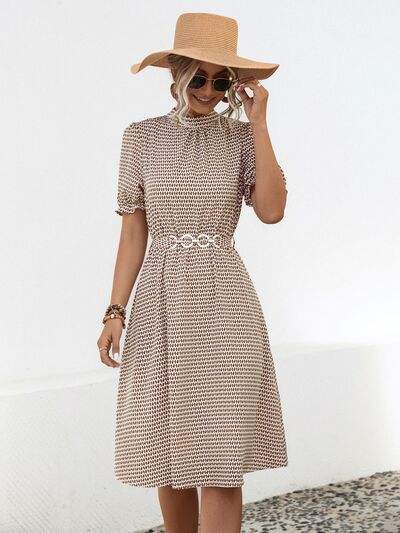 Printed Mock Neck Flounce Sleeve Dress - Trendsi - Flyclothing LLC