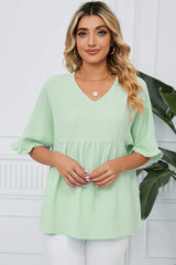 Peplum V-Neck Half Sleeve T-Shirt - Trendsi - Flyclothing LLC