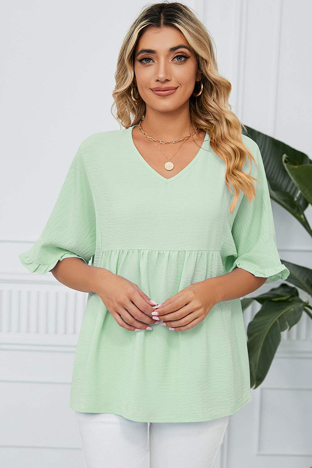 Peplum V-Neck Half Sleeve T-Shirt - Trendsi - Flyclothing LLC