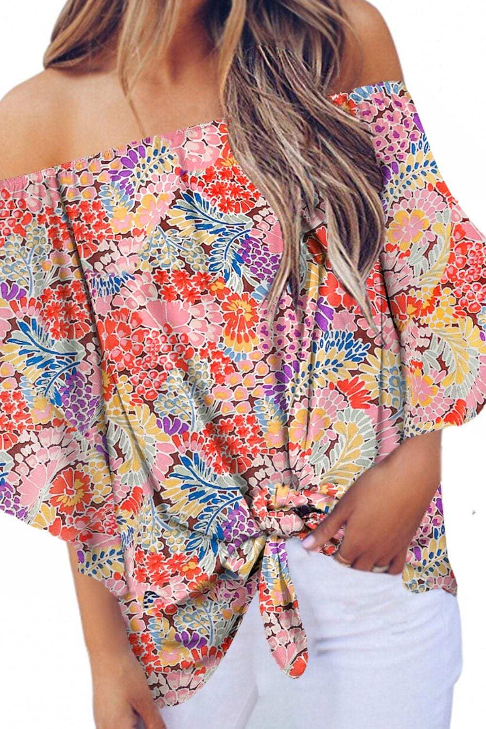 Tied Printed Off-Shoulder Half Sleeve Blouse - Trendsi - Flyclothing LLC