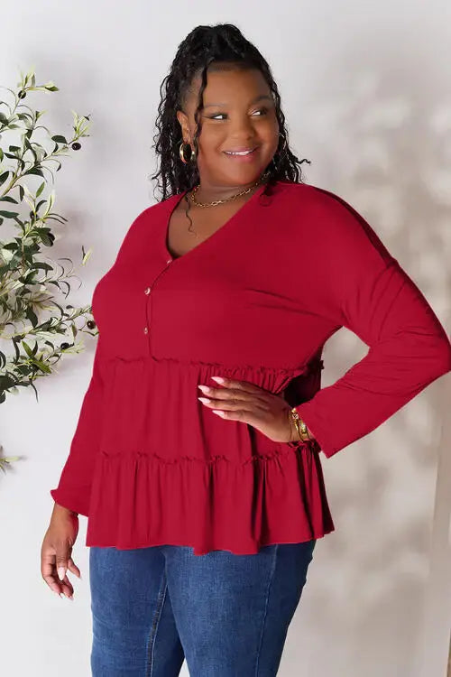 Double Take Half Button Long Sleeve Ruffle Hem Blouse - Trendsi - Flyclothing LLC