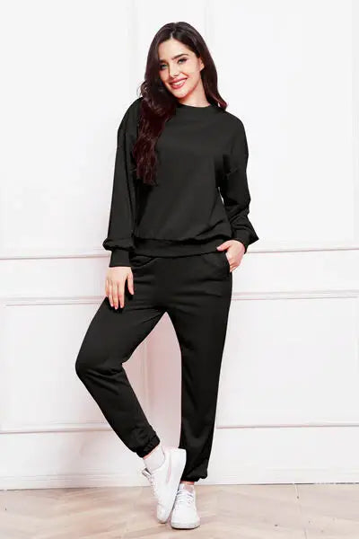 Round Neck Long Sleeve Sweatshirt and Pants Set - Trendsi - Flyclothing LLC