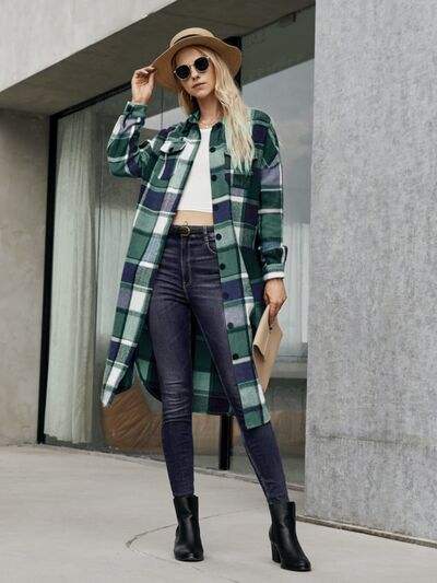 Plaid Pocketed Button Up Trench Coat - Trendsi - Flyclothing LLC
