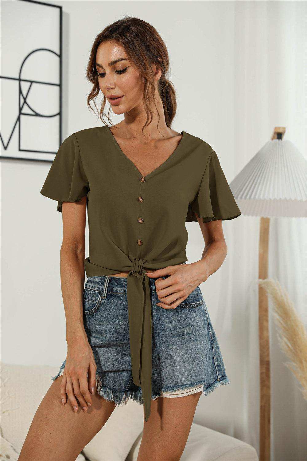 Decorative Button V-Neck Tied Blouse - Trendsi - Flyclothing LLC