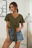 Decorative Button V-Neck Tied Blouse - Trendsi - Flyclothing LLC