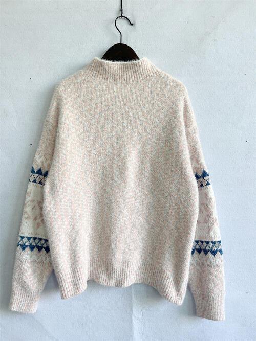 Geometric Mock Neck Dropped Shoulder Sweater - Trendsi