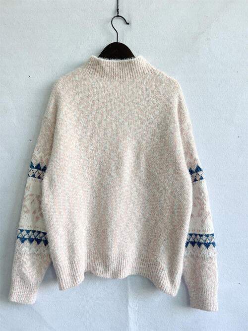 Geometric Mock Neck Dropped Shoulder Sweater - Trendsi - Flyclothing LLC