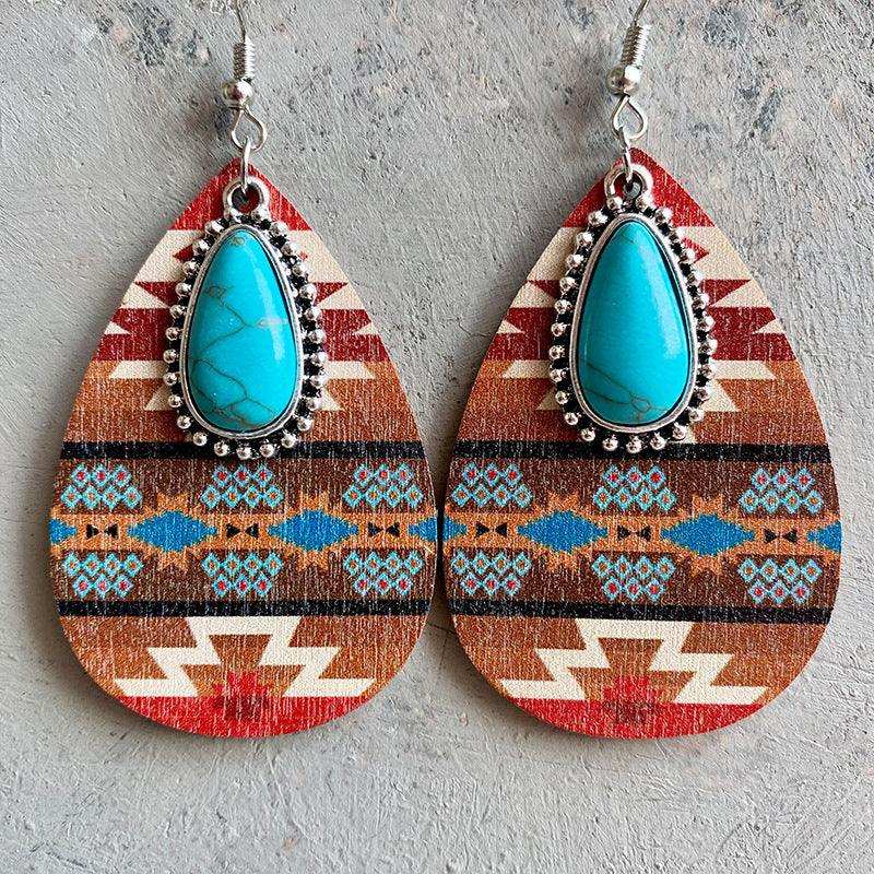 Turquoise Teardrop Shape Wooden Dangle Earrings - Trendsi - Flyclothing LLC