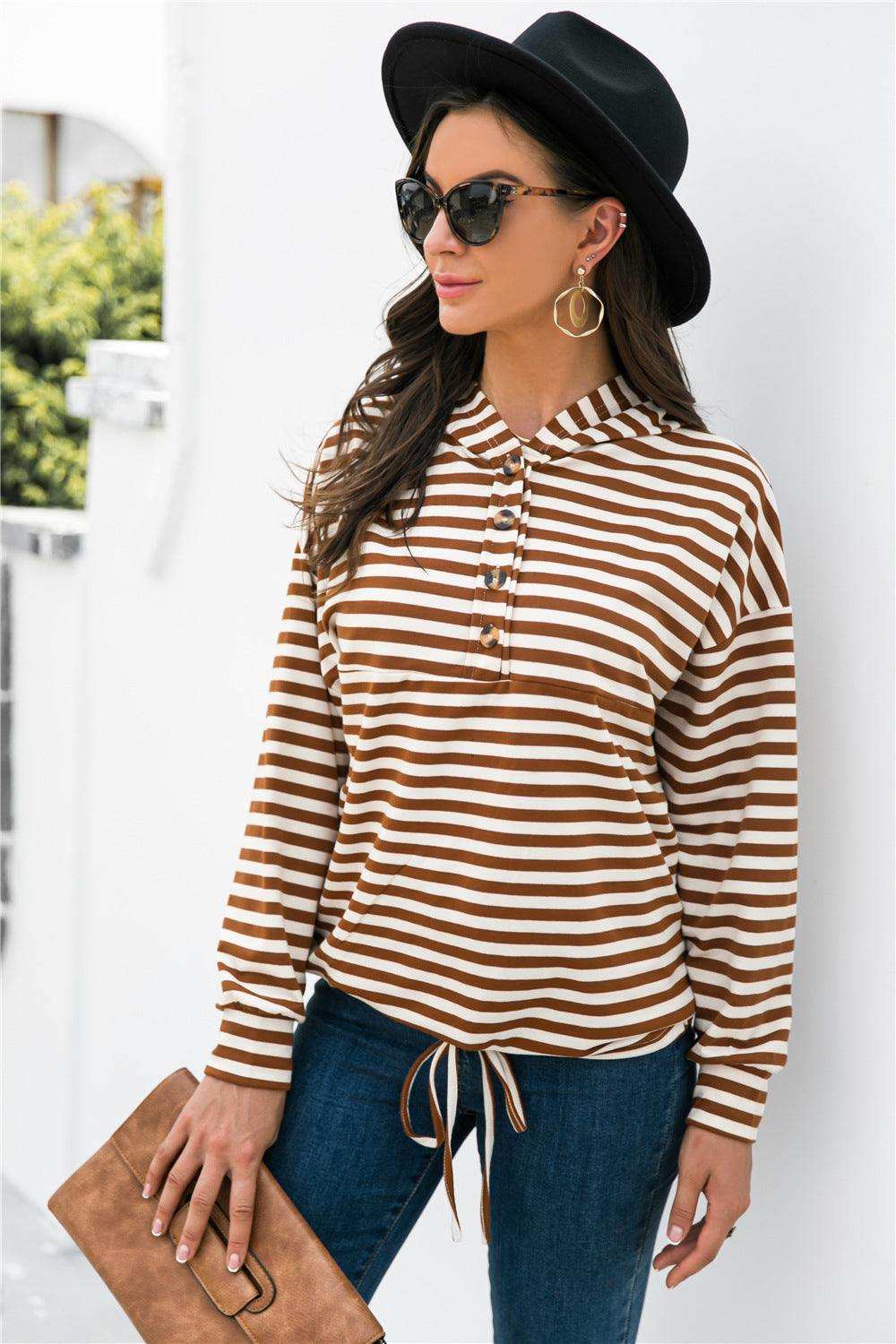 Striped Half-Button Dropped Shoulder Hoodie - Trendsi - Flyclothing LLC