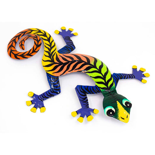 Colorful Gecko Haitian Steel Drum Wall Art, 13 inch Black Stipes - Caribbean Craft