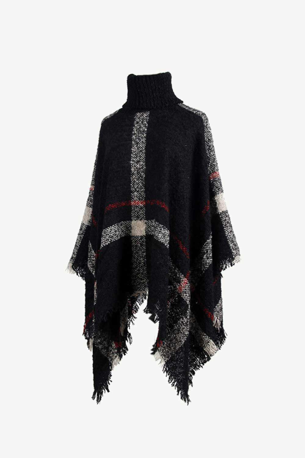 Plaid Turtleneck Raw Hem Poncho - Trendsi - Flyclothing LLC