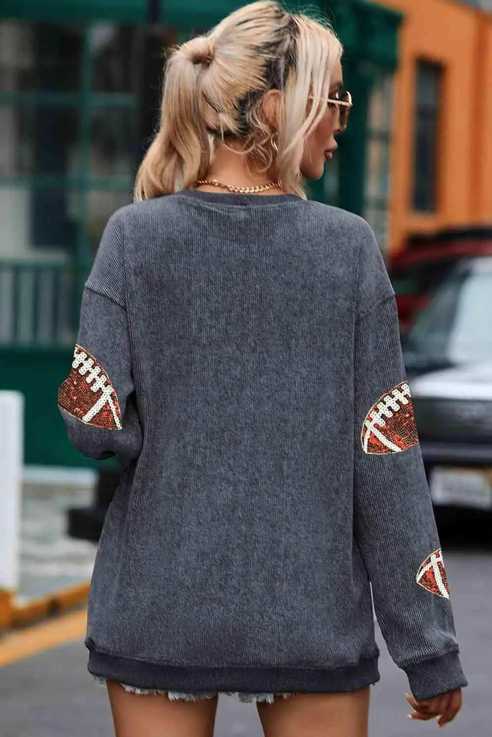 Sequin Football Patch Corduroy Sweatshirt - Trendsi - Flyclothing LLC