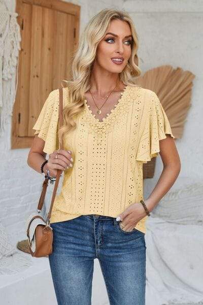 Eyelet Applique V-Neck Cap Sleeve T-Shirt - Trendsi - Flyclothing LLC