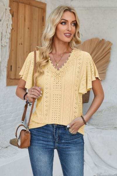 Eyelet Applique V-Neck Cap Sleeve T-Shirt - Trendsi - Flyclothing LLC