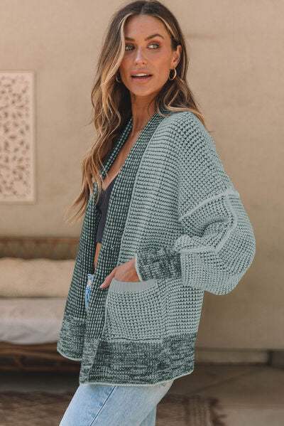 Waffle-knit Pocketed Open Front Cardigan - Trendsi - Flyclothing LLC