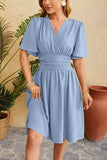 Ruched Surplice Short Sleeve Dress - Trendsi - Flyclothing LLC