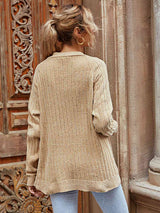 Ribbed Open Front Long Sleeve Cardigan with Pockets - Trendsi - Flyclothing LLC