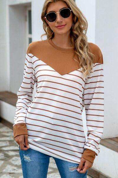 Striped Round Neck Long Sleeve T-Shirt - Trendsi - Flyclothing LLC