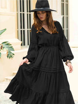 Tie Neck Long Sleeve Midi Tiered Dress - Trendsi - Flyclothing LLC