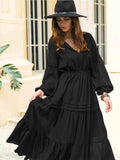 Tie Neck Long Sleeve Midi Tiered Dress - Trendsi - Flyclothing LLC