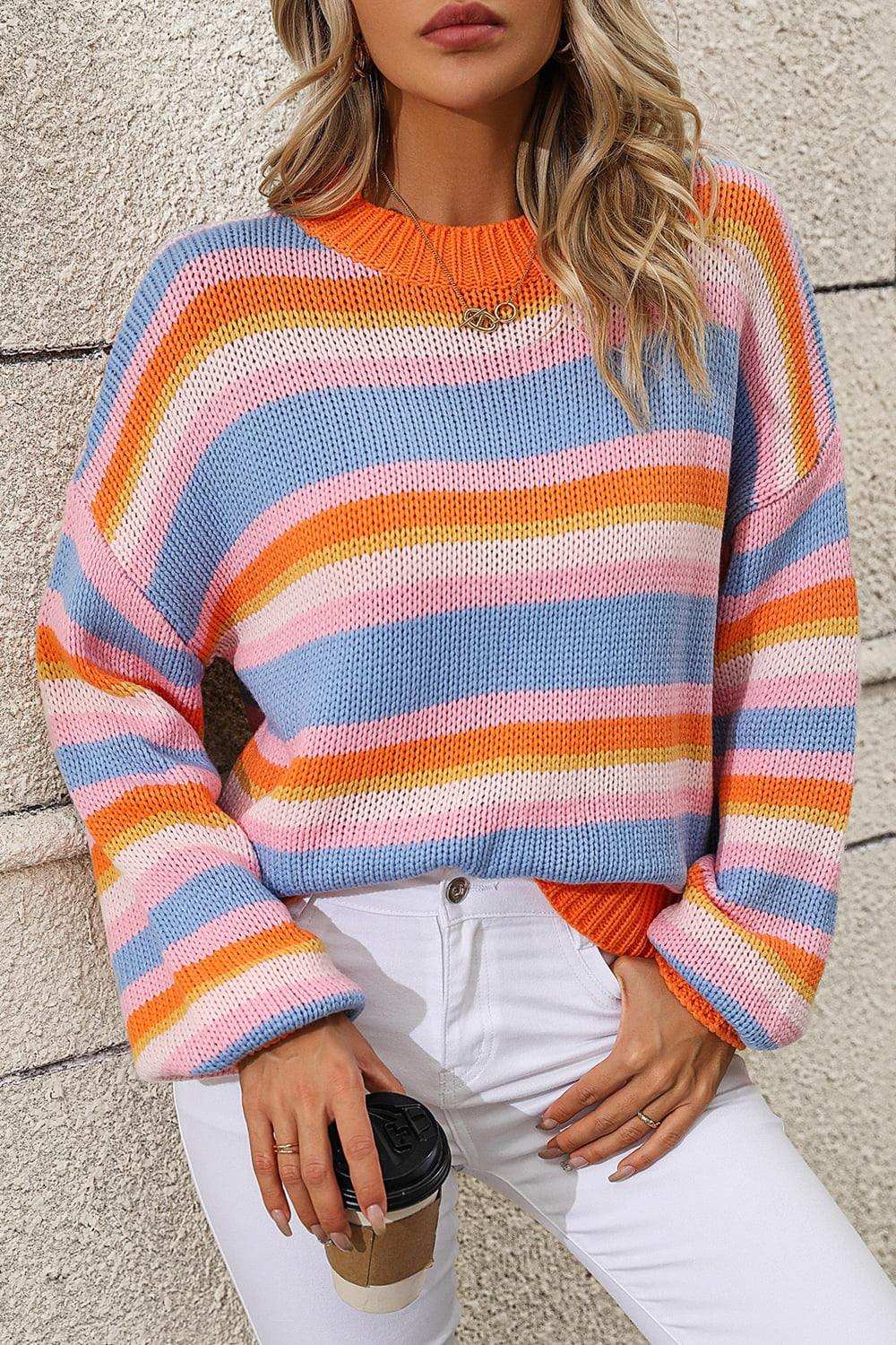 Striped Round Neck Dropped Shoulder Sweater - Trendsi - Flyclothing LLC