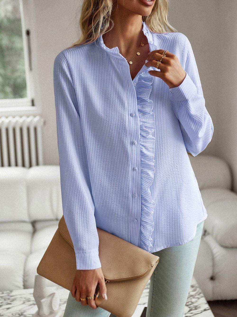 Ruffle Trim Long Sleeve Shirt - Trendsi - Flyclothing LLC