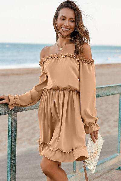 Frill Off-Shoulder Flounce Sleeve Dress - Trendsi - Flyclothing LLC