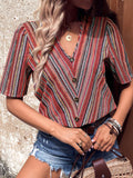 Printed V-Neck Button-Up Short Sleeve Top - Trendsi