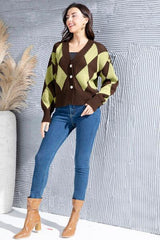 Geometric Button Up Dropped Shoulder Cardigan - Trendsi