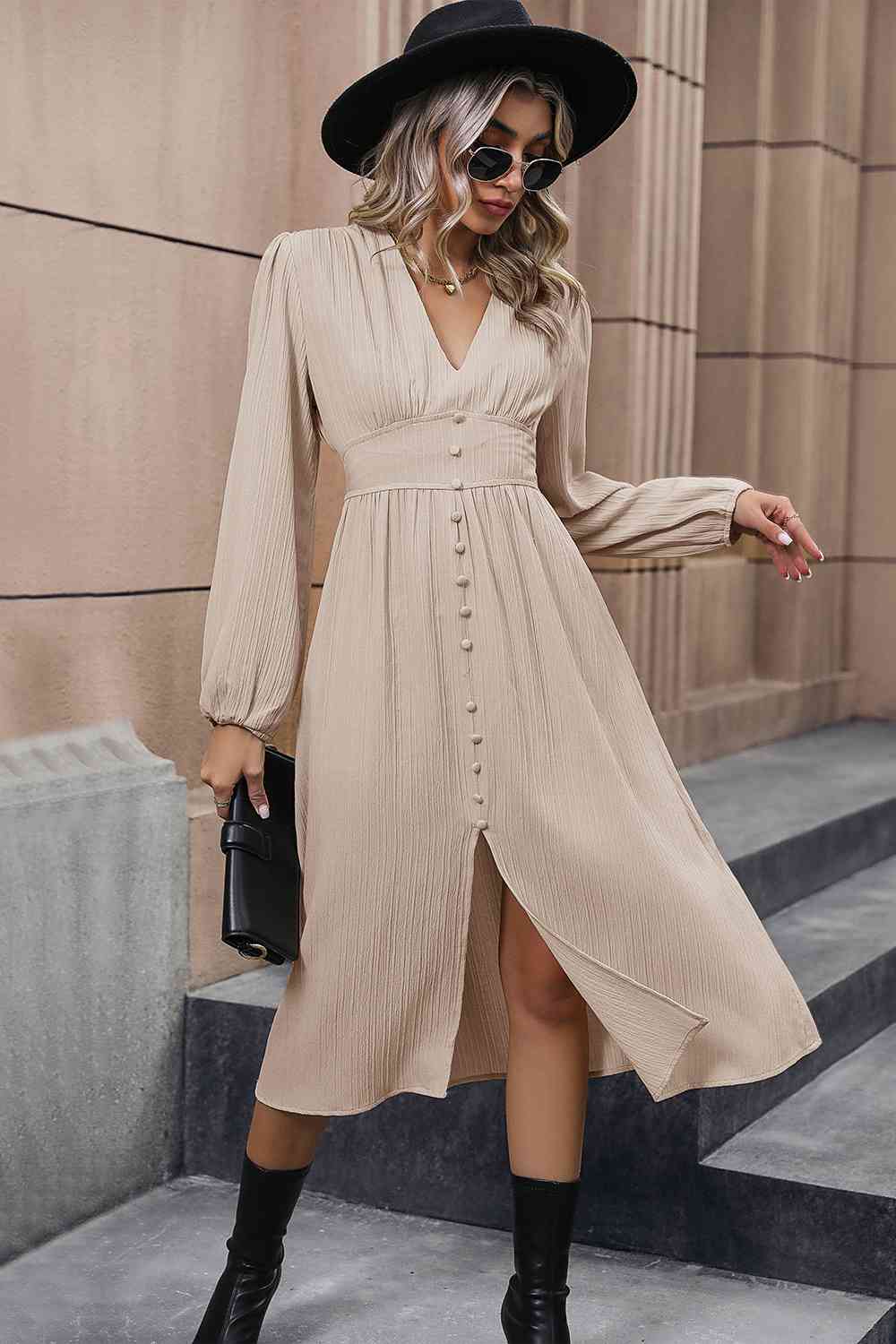 V-Neck Buttoned Slit Dress - Trendsi - Flyclothing LLC