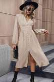 V-Neck Buttoned Slit Dress - Trendsi