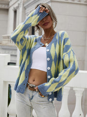 Argyle Button Front Drop Shoulder Cardigan - Trendsi