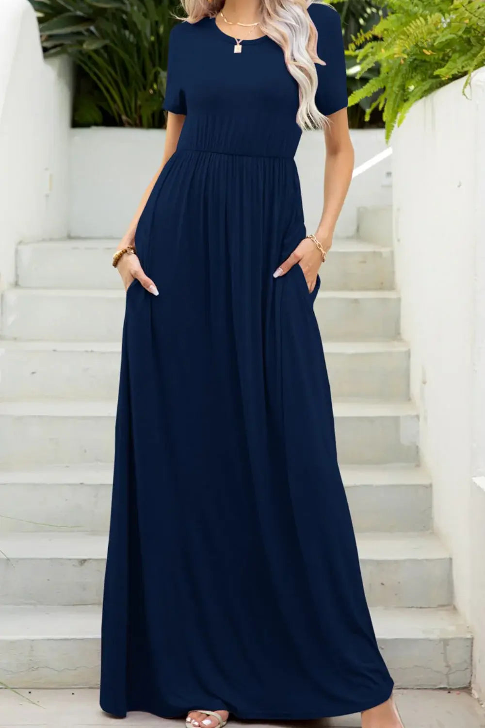 Round Neck Maxi Tee Dress with Pockets - Trendsi - Flyclothing LLC