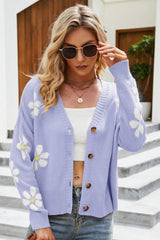 Floral Ribbed Trim Drop Shoulder Cardigan - Trendsi