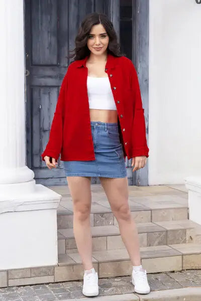 Raw Hem Pocketed Collared Neck Denim Jacket - Trendsi - Flyclothing LLC