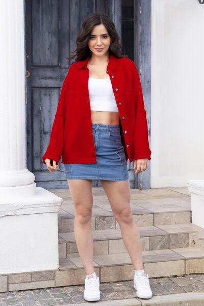 Raw Hem Pocketed Collared Neck Denim Jacket - Trendsi - Flyclothing LLC