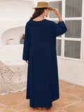 Plus Size Tie Neck Long Sleeve Slit Dress - Trendsi - Flyclothing LLC
