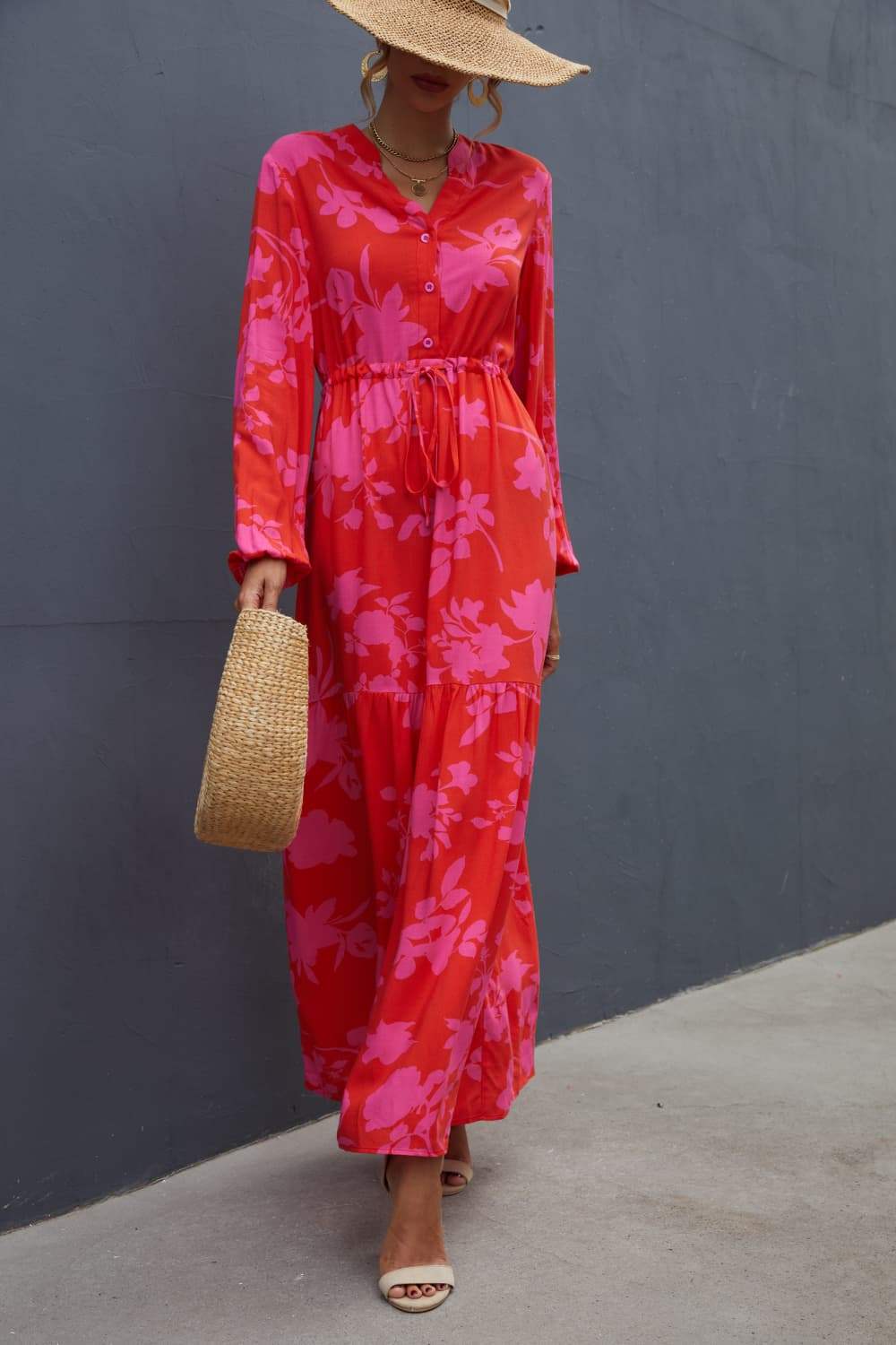 Floral Drawstring Waist Long Sleeve Dress - Trendsi - Flyclothing LLC