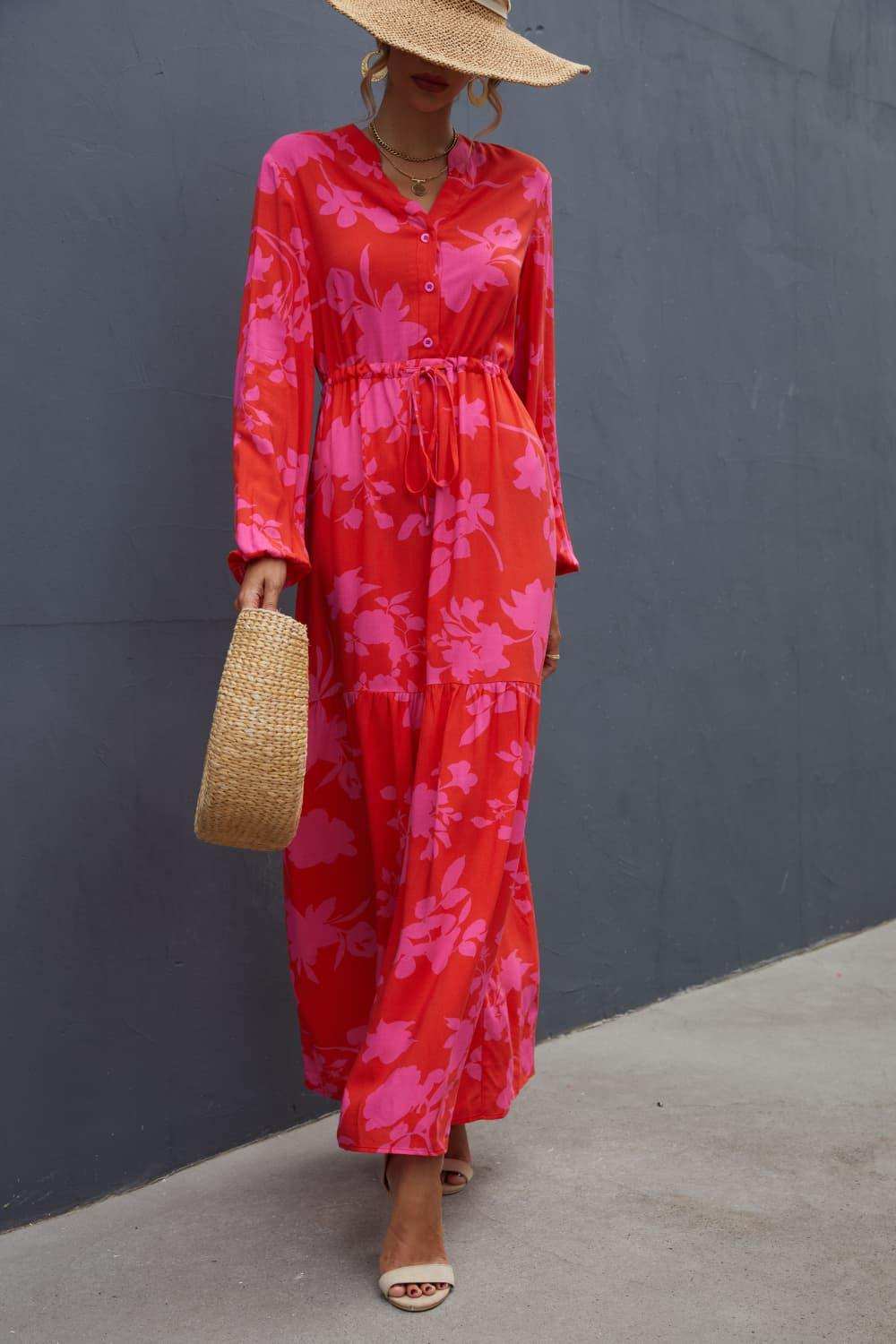 Floral Drawstring Waist Long Sleeve Dress - Trendsi - Flyclothing LLC