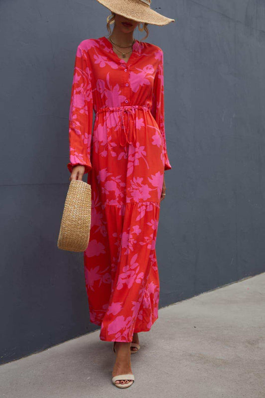 Floral Drawstring Waist Long Sleeve Dress - Trendsi - Flyclothing LLC