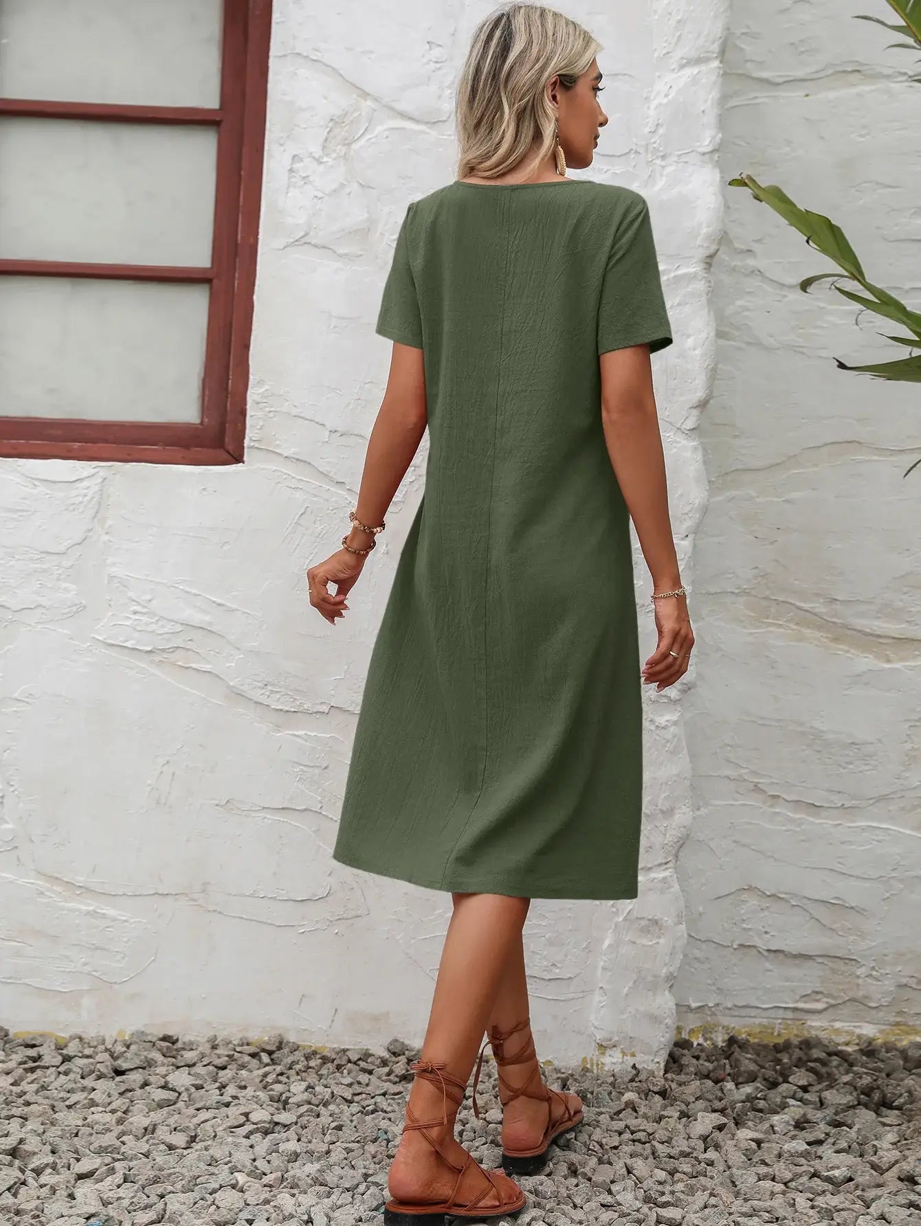 Round Neck Short Sleeve Dress with Pockets - Trendsi - Flyclothing LLC