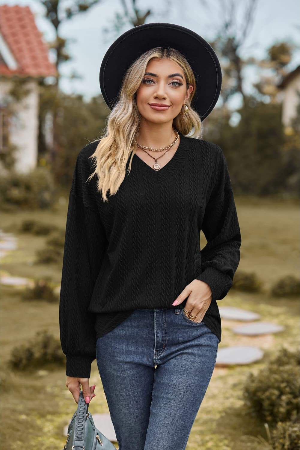 V-Neck Dropped Shoulder Blouse - Trendsi - Flyclothing LLC