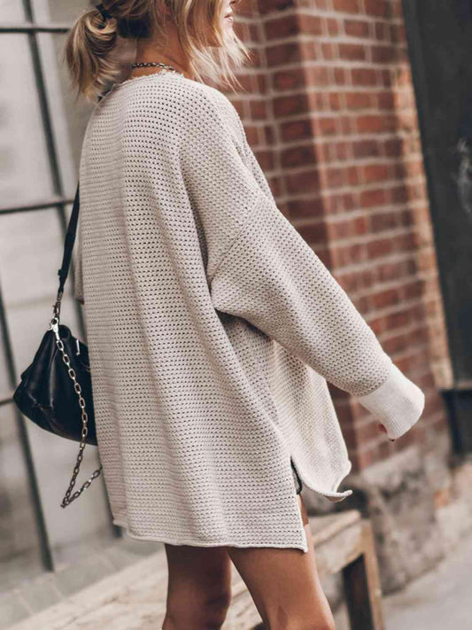 Openwork Round Neck Long Sleeve Slit Sweater - Trendsi
