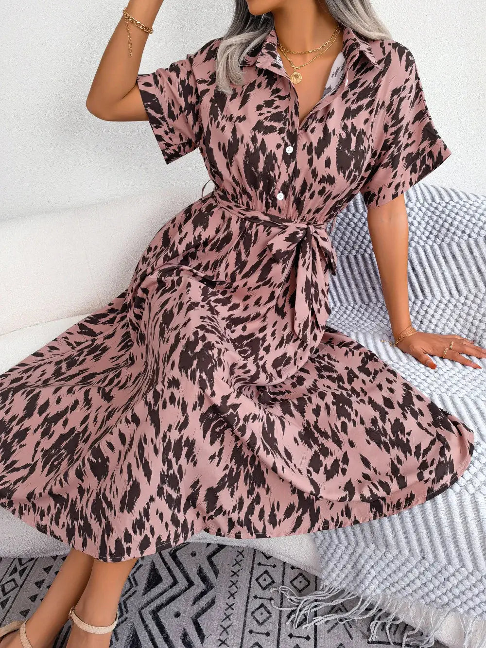 Printed Collared Neck Short Sleeve Tie Waist Dress - Trendsi - Flyclothing LLC