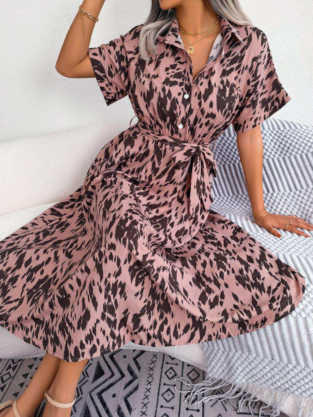 Printed Collared Neck Short Sleeve Tie Waist Dress - Trendsi - Flyclothing LLC