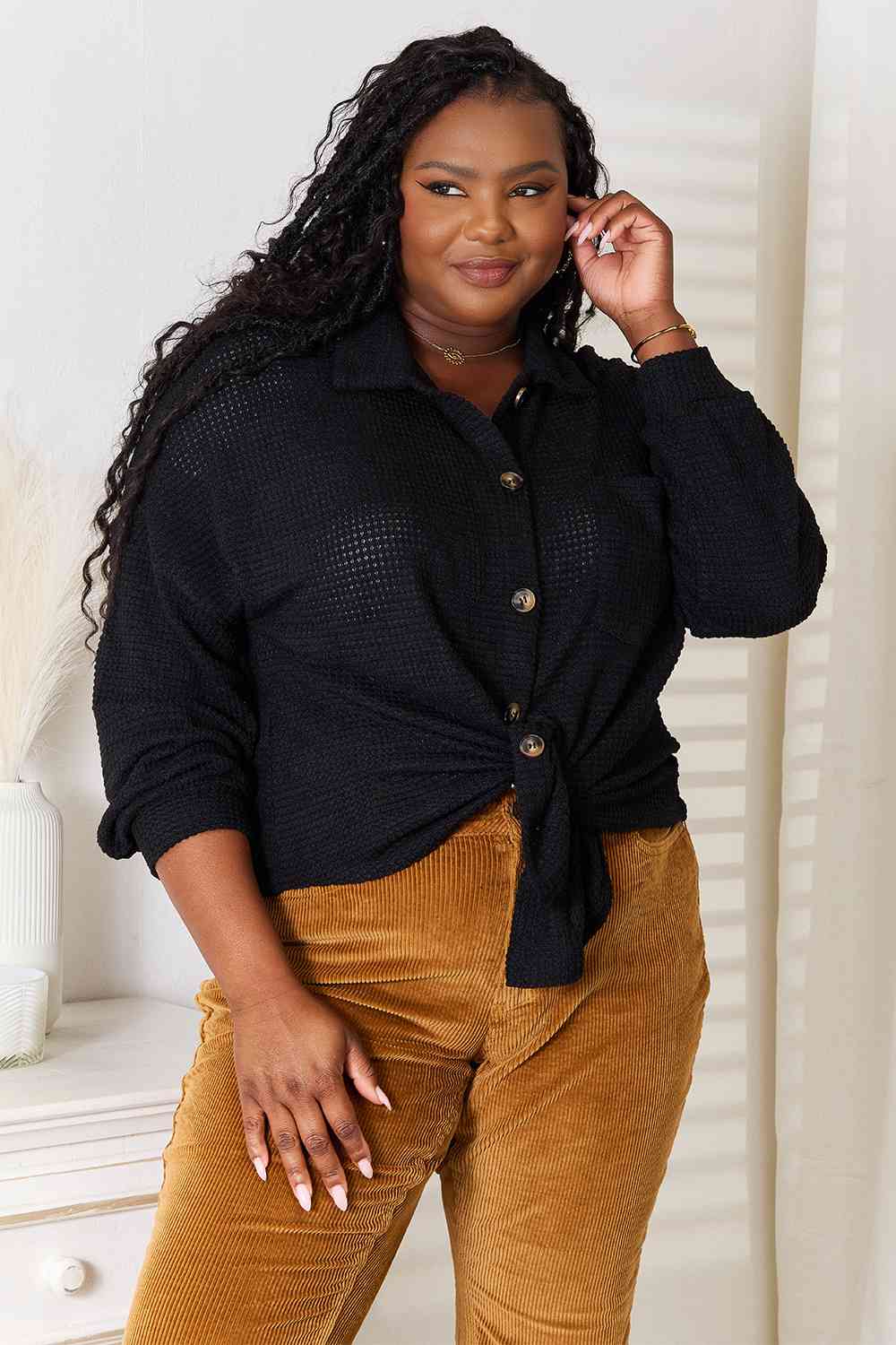 Double Take Waffle-Knit Collared Neck Dropped Shoulder Shirt - Trendsi - Flyclothing LLC