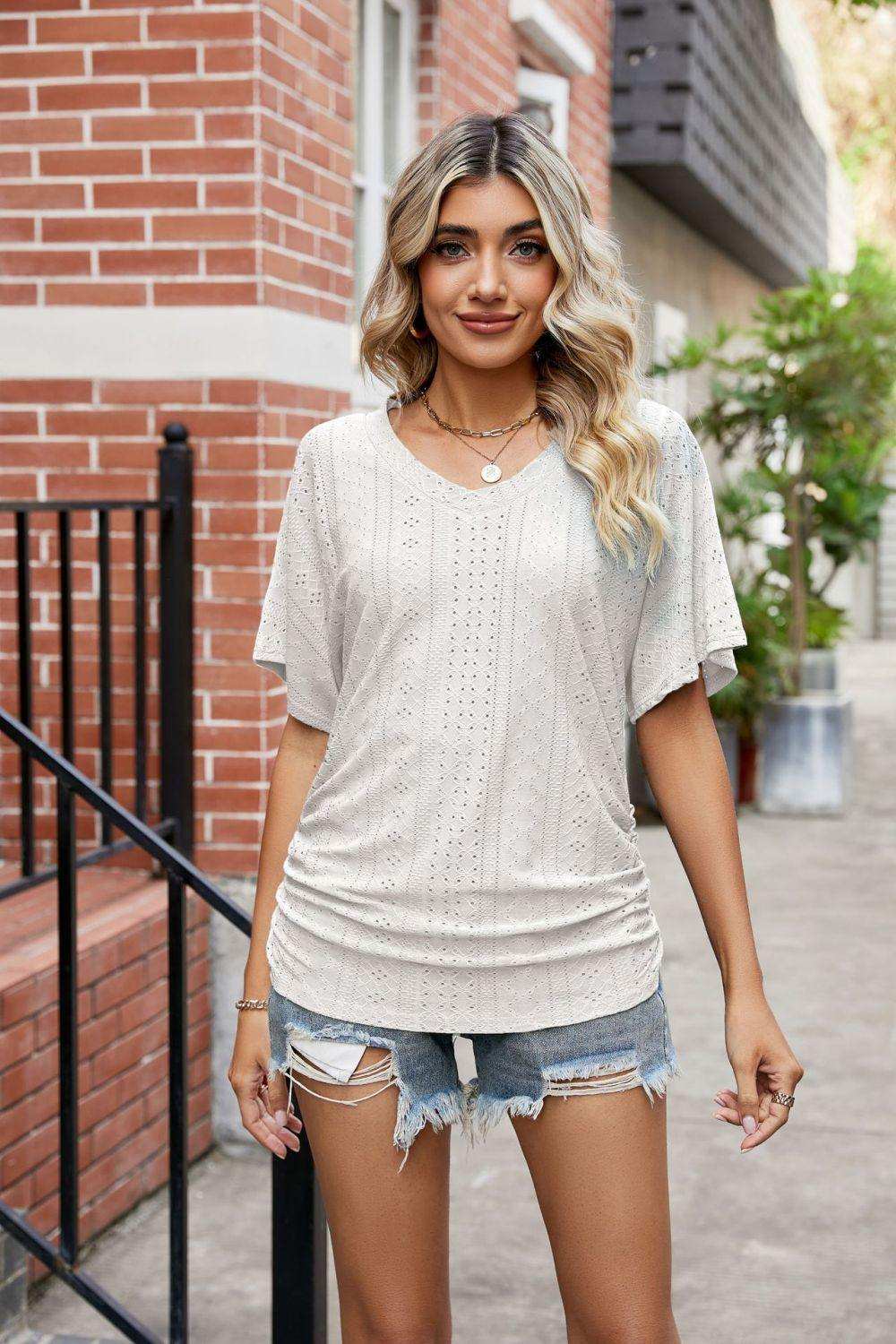 Flutter Sleeve Eyelet Gathered Detail Top - Trendsi - Flyclothing LLC