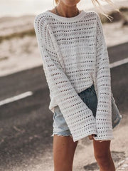 Openwork Round Neck Dropped Shoulder Knit Top - Trendsi