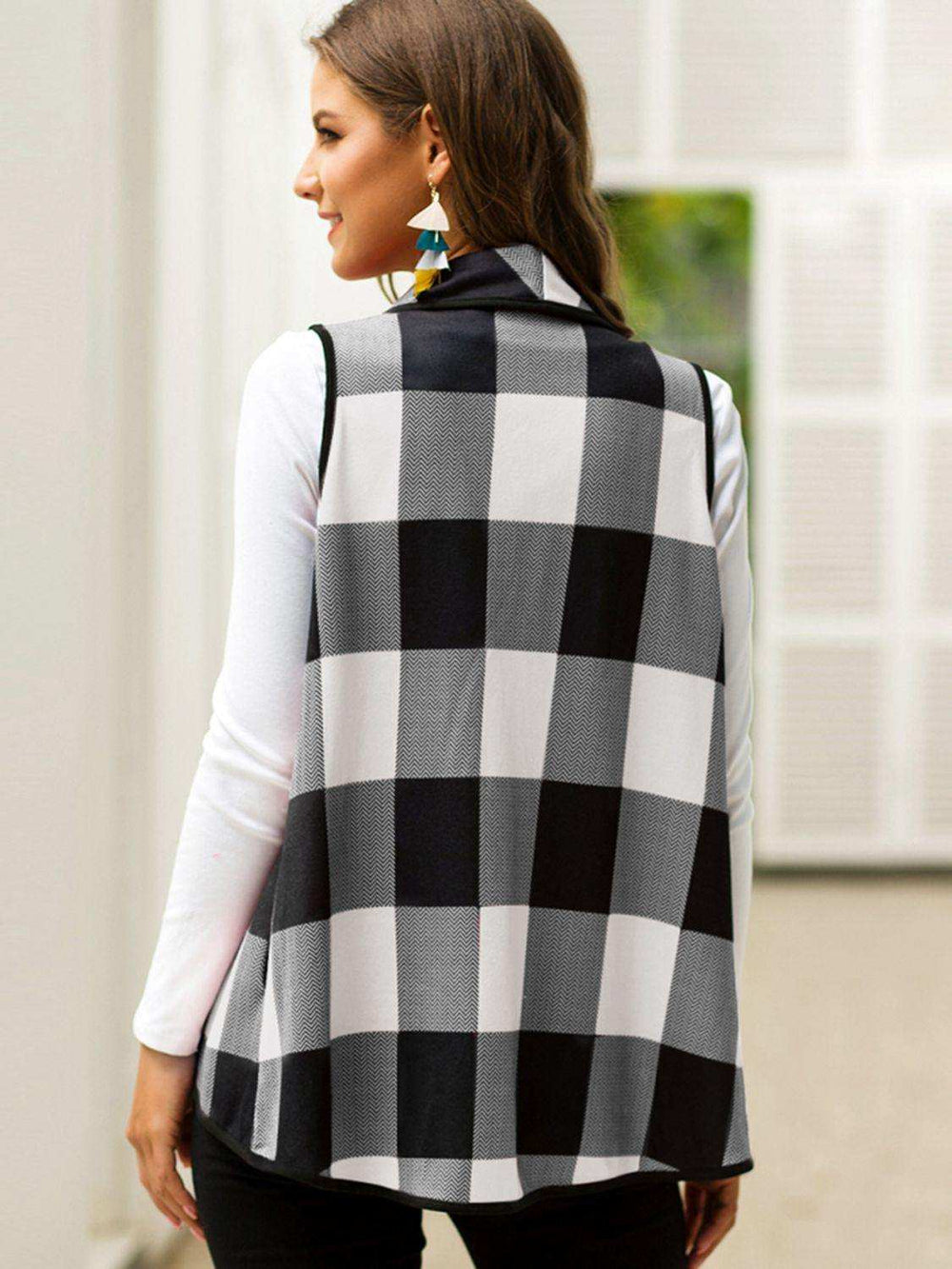 Plaid Open Front Sleeveless Cardigan - Trendsi - Flyclothing LLC